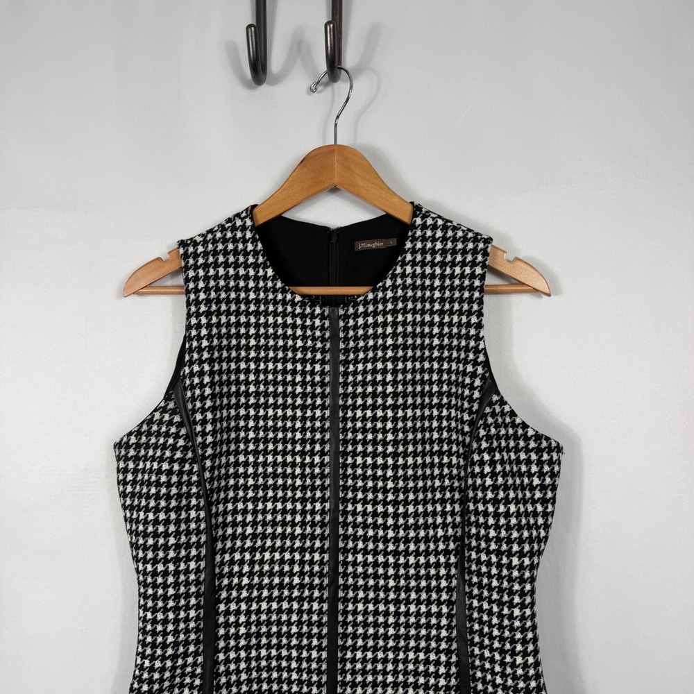 J. McLaughlin Scuba Knit Sheath Dress Women's L Black White Vegan Leather Trim
